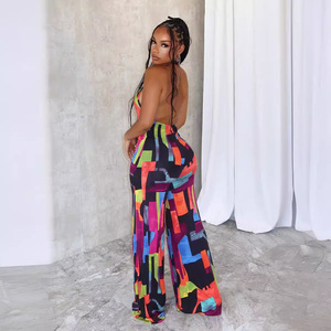 S10823 Combinaison mince élastique Sexy pour femmes et <span class=keywords><strong>combishort</strong></span> Style européen et américain Cross Halterneck Backless Imprimé - Product Image 2