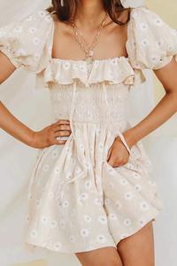 Phụ nữ của mùa hè Linen Swing DRESS với Puff tay áo ruffles và hoa Dot in biểu tượng tùy chỉnh dệt Robe En LIN <span class=keywords><strong>imprime</strong></span> - Product Image 3