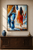 Peinture à l'huile classique faite à la main sur toile, portrait du dieu hindou Shiva et de sa déesse Parvati, mythologie indienne, art mural spirituel encadré pour salon