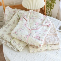 Nouvel Arrivage Ensemble de Pyjama Printanier pour Femme à Manches Longues en Coton Double Gaze Froissée, Tenue d'Intérieur Florale Douce et Féminine
