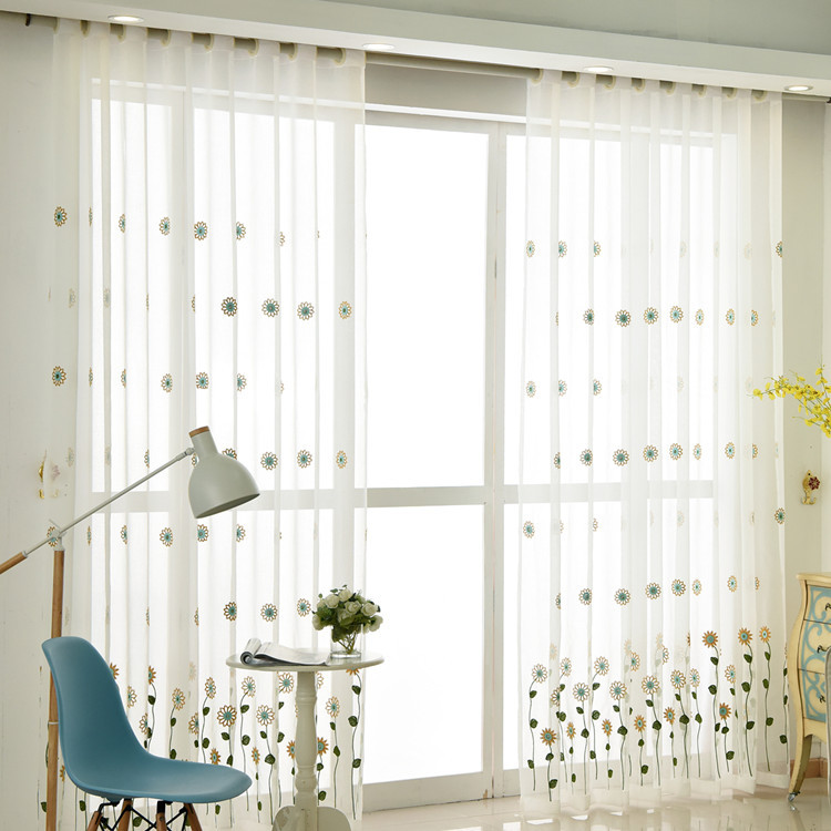 new sunflowers design wholesale embroidery sheer ready made window curtain with ring for hotel and bedroom