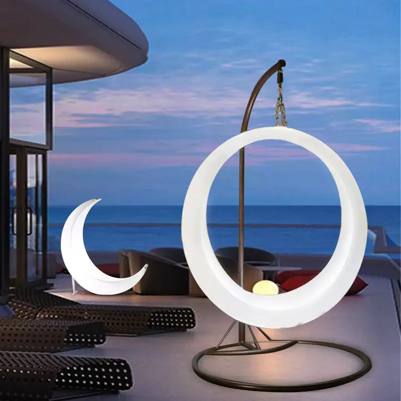 Luxury Outdoor Party Double Seat Hanging Chair Garden Patio Colorful Led Furniture Moon Swing Chair For Children And Adult