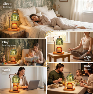 Lampe chauffe-<span class=keywords><strong>bougie</strong></span> sans flamme avec abat-jour en verre à motif gaufré, bord ondulé, bras en bois massif et métal courbé, lampe d'aromathérapie de chevet à intensité variable - Product Image 6