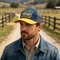 Topi Trucker Unisex Gaya Country Western dengan Patch Persegi Panjang Motif Peternakan, Gudang, dan Pemandangan Alam, Bahan Mesh Bernapas, Pelindung dari Sinar Matahari, dan Dapat Disesuaikan