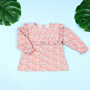 เสื้อเชิ้ตผ้าฝ้ายแท้ 100% ลายดอกไม้สีชมพูสดหรูหรา ได้รับการรับรองมาตรฐาน OEKO-TEX ซักได้ ผลิตแบบ OEM ODM ชุดเสื้อผ้าเด็กผู้หญิง รับสั่งทำตามแบบ - Product Image 1