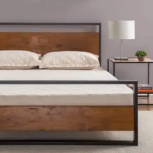 Cama con plataforma de metal y madera con cabecero y pie de cama de matrimonio