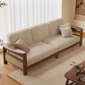 Sofá de Madera Maciza de Tres Plazas en Línea Recta para Sala de Estar, Estilo Chino, Tapizado en Tela de Ratán - Product Image 2
