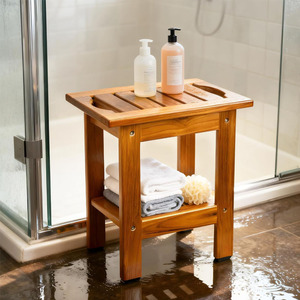Tabouret de douche en bois de teck massif 35x25,5x37,5 cm avec étagère de rangement pour serviettes et articles de bain - Product Image 1
