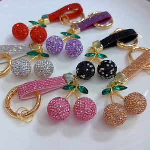 Fashion Cherries Keychain Cute Bling Crystal Rhinestones Key Chain Double Cherry Charm Purse Handbag Pendant Accessories Jewelry