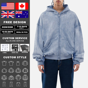 เสื้อฮู้ดดี้ทรงโอเวอร์ไซส์แบบซิป ยี่ห้อ KingSen OEM สำหรับผู้ชาย ลวดลายปัก ล้างสีแบบ Acid Wash ผ้า French Terry 100% Cotton สไตล์สตรีทแวร์ แบบทำเก่า - Product Image 2