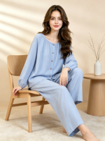 Ensemble long 2 pièces en fibre de bambou tricoté pour femme, col rond, décontracté, uni, coupe ample, respirant et confortable pour le printemps