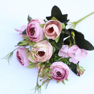 2024热卖丝绸装饰DIY花朵美丽玫瑰牡丹人造花小花束弗洛雷斯家居派对婚礼装饰