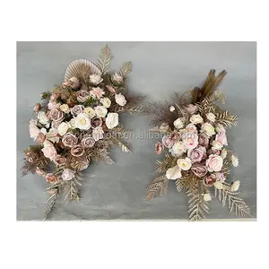 शादी गोल्ड पत्तियां रेशम कृत्रिम आइवरी ब्लश गुलाबी गुलाब सूखे फूल कट्टर व्यवस्था
