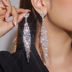 European American Trendy Classical Tassel <b>Drop</b> <b>Earrings</b> Long Rhinestone <b>Silver</b> Plated Geometric Nightclub Formal Party Main - Product Image 1
