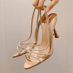 2024 Spring/Summer New High Heels Slim Heel Rhinestone Elegant Charm One Word <b>Sandals</b> - Product Image 2