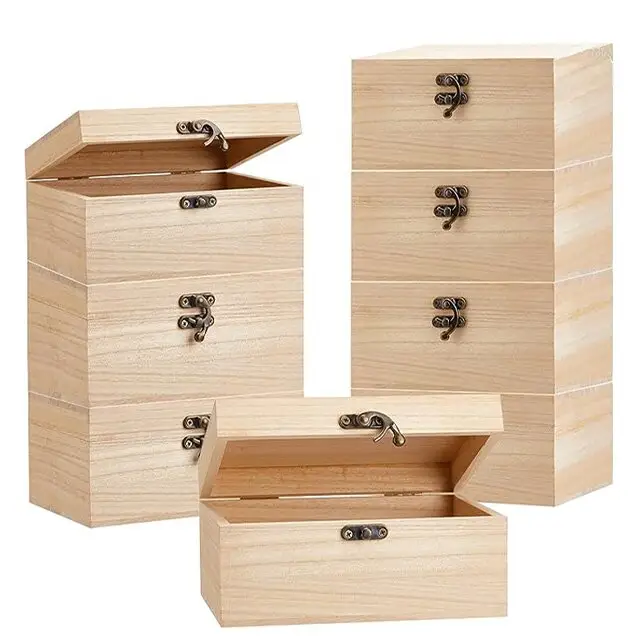 Custom Logo Square wood boxes with hinged lids and Unfinished Storage wooden box
