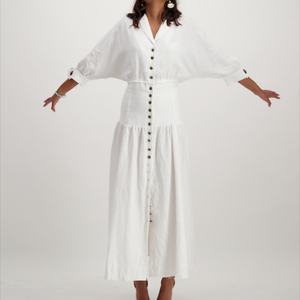 เดรสยาวผ้าลินินทรงดินสอ แขนยาว ติดกระดุมด้านหน้า ผ่าเอว จับจีบ สำหรับผู้หญิง สไตล์ลำลอง ขายส่งช่วงซัมเมอร์ - Product Image 3