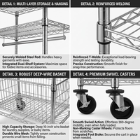 Chariot de blanchisserie mobile en chrome avec tringle de suspension, 4 étagères et roulettes pivotantes pour hôtels et entretien ménager
