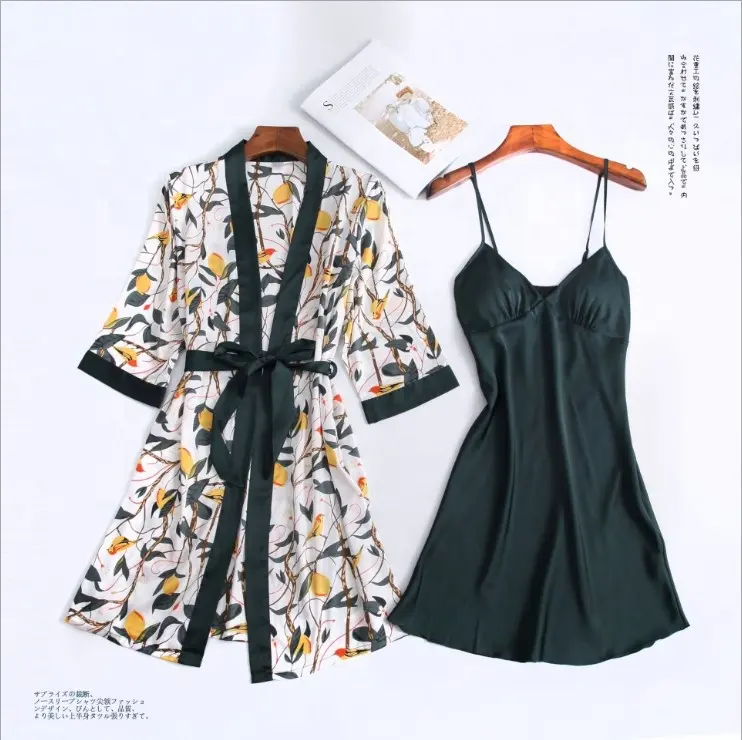 Hot Phong Cách Bán Buôn 2 Piece Satin Robe Sets Sexy Floral Printed Áo Choàng Tắm Cho Phụ Nữ Mùa Hè Mượt Kimono Đồ Ngủ Bộ