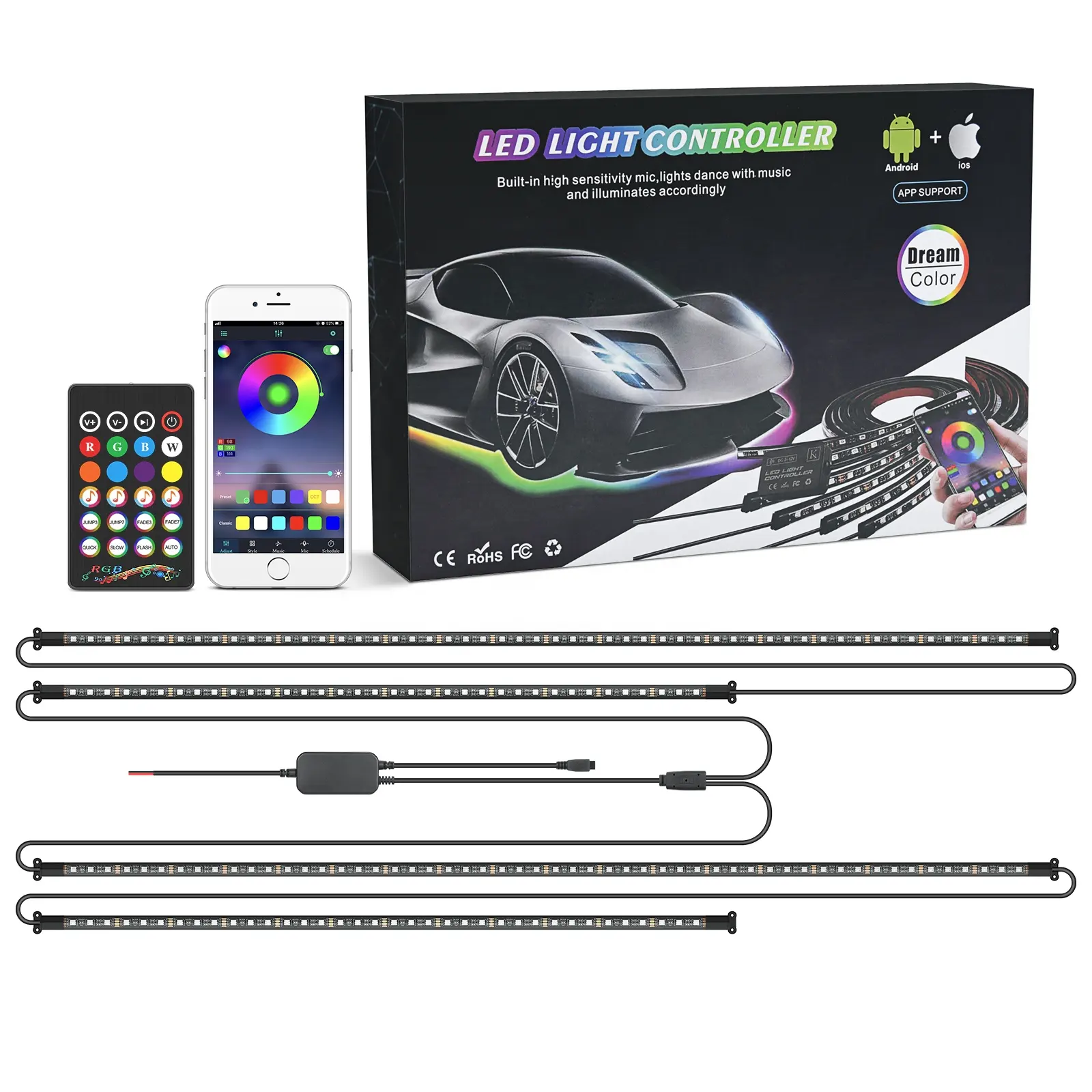 Remote Control Dream Color Car Underbody Chasing Flow RGB Led Strip Under Glow Neon Lamp Exterior Car Lights