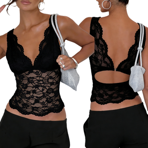 Women's Sexy Backless V-Neck Breathable Casual Tank Top with Lace <b>Patch</b>-Slim Fit Solid Color - Product Image 1