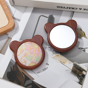 Antique-style wooden Song brocade <b>bear</b> mini makeup mirror, portable student carry mirror, <b>cute</b> beauty mirror, dirt-resistant - Product Image 3