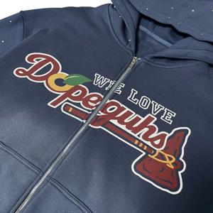 Sudadera con capucha informal de gran tamaño con cremallera, estilo retro deportivo, con parche tejido y detalles de diamantes de imitación en degradado, lavado vintage, ODM OEM - Product Image 5