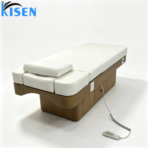 Lit de massage électrique réglable Kisen Modern avec structure en bois et revêtement en cuir PU chauffant et imperméable, doté d'un espace de rangement. - Product Image 3