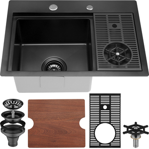 Évier de bar à cuve unique en acier inoxydable noir avec rince-verre et planche à découper - Product Image 1