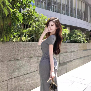 Women Bodycon Maxi Dress Long Skirt Solid Color Gray Sexy Slim Fit Waist Cinching Design Summer Vacation Wear - Product Image 1