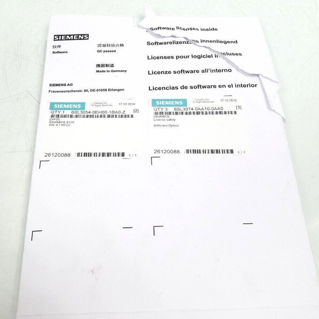 New in Box Software License 3x 6SL3074-0AA10-0AA0 + 1x 6SL3054-0EH00-1BA0-Z 1-YEAR WARRANTY PLC