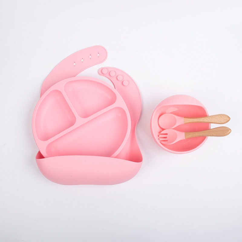 5 Pack Bpa Free Silicone Custom Suction Silicone Baby Feeding Bottle Plate Dinner Set Kit With Spoons Bibs Plate Cup