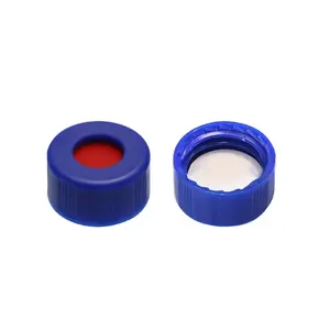 AIJIREN White PTFE/Red Silicone Septa 9mm Blue Short Screw PP Cap 6mm Centre Hole for HPLC Chromatography and Gas Chromatography