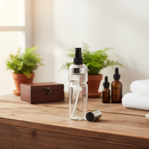 Bottiglia di olio essenziale in vetro trasparente con meccanismo in plastica e coperchio in acciaio da 72 per spruzzare olio e accessori - Product Image 3