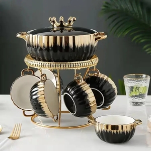 Nouveaux pots en céramique de Style nordique luxe bord or <span class=keywords><strong>vert</strong></span> rose blanc noir <span class=keywords><strong>pot</strong></span> à soupe en porcelaine avec bols support de rangement ensemble - Product Image 3