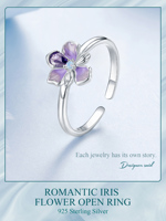 925 argent Sterling étincelant romantique Iris fleur anneau ouvert bijoux fins pour les femmes brillant violet fleurs anneau réglable