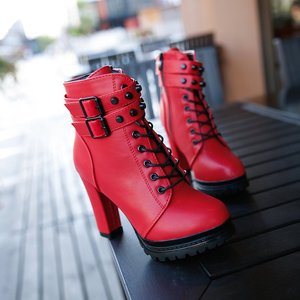 Bottines à talon épais à bout rond pour femmes, chaussures à cheville, de tous les jours PU, couleur unie, <span class=keywords><strong>noir</strong></span> et rouge, nouvelle collection - Product Image 4