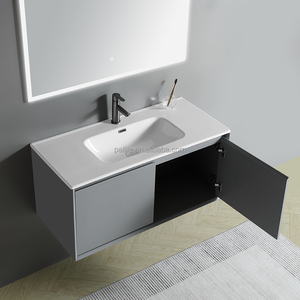 Meuble sous-vasque en PVC de 100 cm, ensemble de meubles de salle de bain suspendus gris personnalisés - Product Image 5