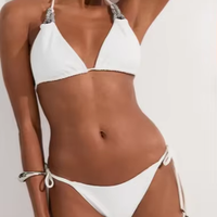 Ensemble de bikini triangle uni personnalisé avec ornements bijoux et bas à nouer sur les côtés, vente en gros d'usine, pour femmes