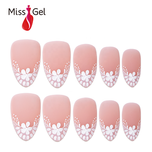 Miss Gel 32PCS Faux Ongles à Presser Amovibles Mat Pêche Nude <span class=keywords><strong>Amande</strong></span> Moyenne Blanc Style Français Botanique Avec Motif Manucure - Product Image 1
