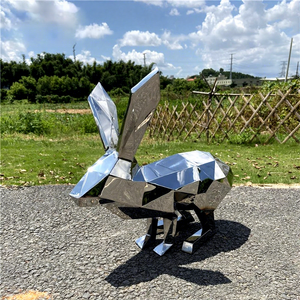 Sculpture de lapin géométrique en acier inoxydable, faite à la main, minimaliste, moderne, décoration de jardin extérieur pour villa, cour, pelouse - Product Image 3