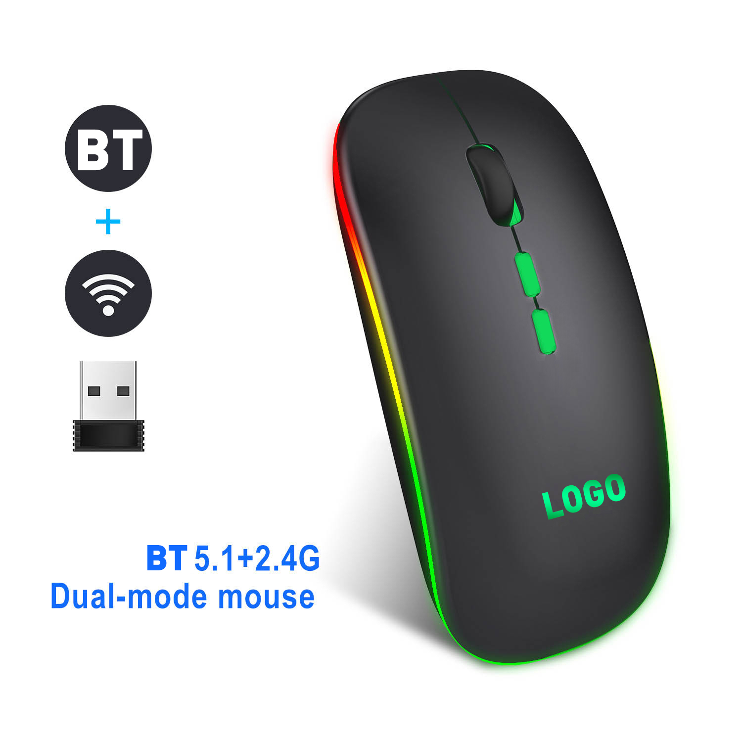 Mouse Komputer USB, Mouse Gaming Nirkabel, Lampu LED Warna-warni, Mouse Isi Ulang Laptop