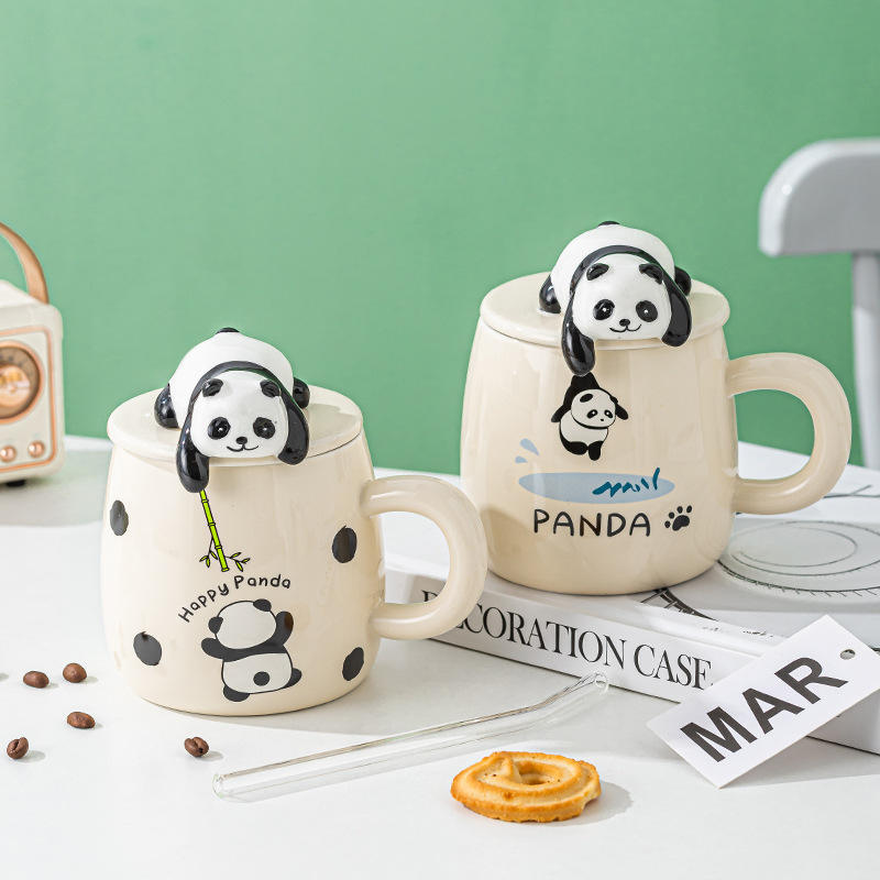 Seaygift High Appearance Party Gift Black Panda Interactive Water Cup Cute Animal Cartoon Ceramic Cup Porcelain Mugs with Spoon
