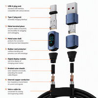 Kabel Data Pengisian Cepat 66W 6A Tipe C dengan Layar LED, Jalinan Nilon untuk Ponsel dan Tablet