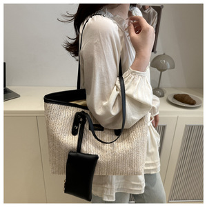 Sac à main tressé tendance été 2026 KH avec <span class=keywords><strong>pochette</strong></span> assortie, sac de plage <span class=keywords><strong>chic</strong></span> <span class=keywords><strong>en</strong></span> <span class=keywords><strong>paille</strong></span>, grand sac à bandoulière de grande capacité avec garniture <span class=keywords><strong>en</strong></span> PU - Product Image 6