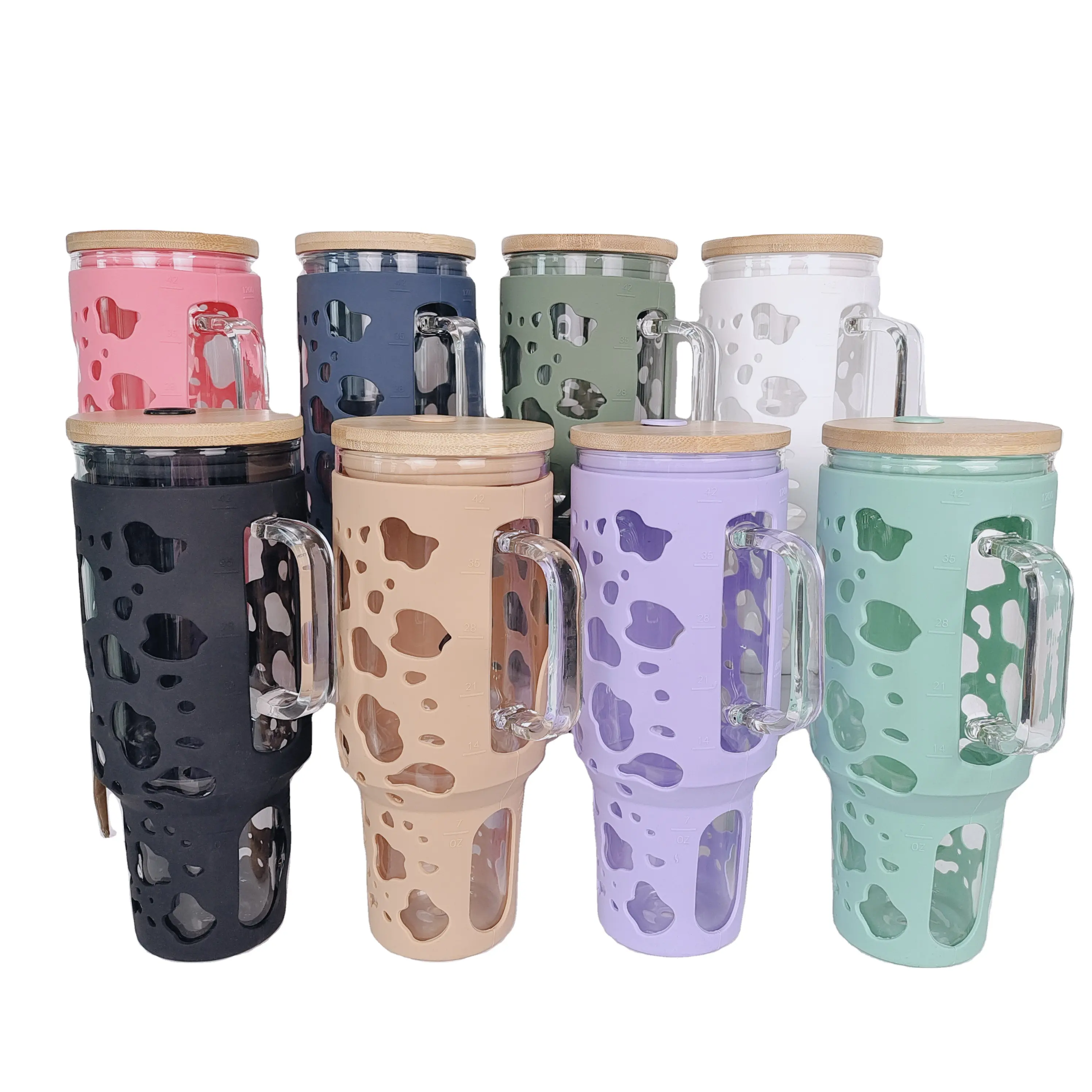 Borosilicate Glass Leopard Cover Tumbler with Bamboo Lid Glass Water Bottles 320z 40oz 50oz Glass Cup with Handle