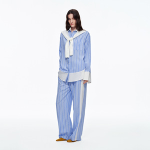 Ensemble de vêtements de nuit rayés pour femmes, bleu et blanc, pyjama à manches longues, deux pièces, viscose popeline, vêtements de maison printemps-automne - Product Image 2