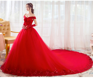 Thuyền Cổ Baju Pengantin Truyền Thống Trung Quốc Nô Lệ Dài Đuôi Đỏ Trung Quốc Váy Cưới - Product Image 5