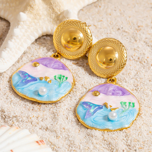 Fashion Drop <b>Earrings</b> Ocean Shell Design Stainless Steel <b>Studs</b> Vacation Style <b>Blue</b> Seashell Jewelry EH11783 - Product Image 4