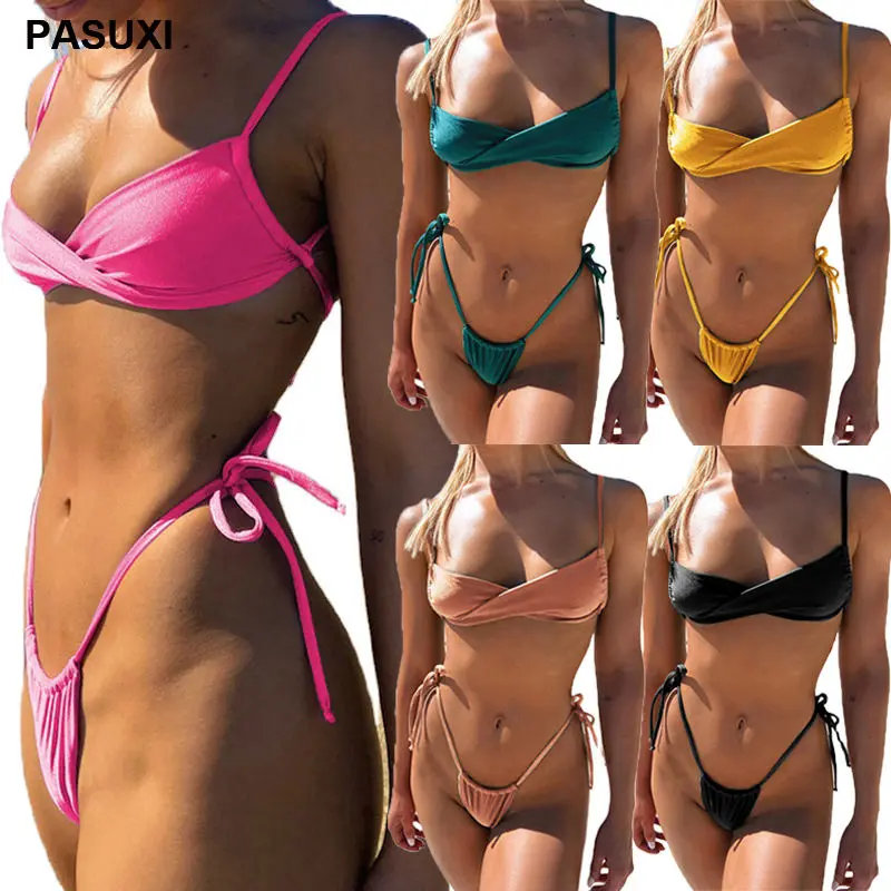 Pasuxi Zeer Korte Badpakken Sexy Open Vrouwen Extreme Mini Micro Hoge Taille Split Sport Bikini Beach Wear Badmode Set